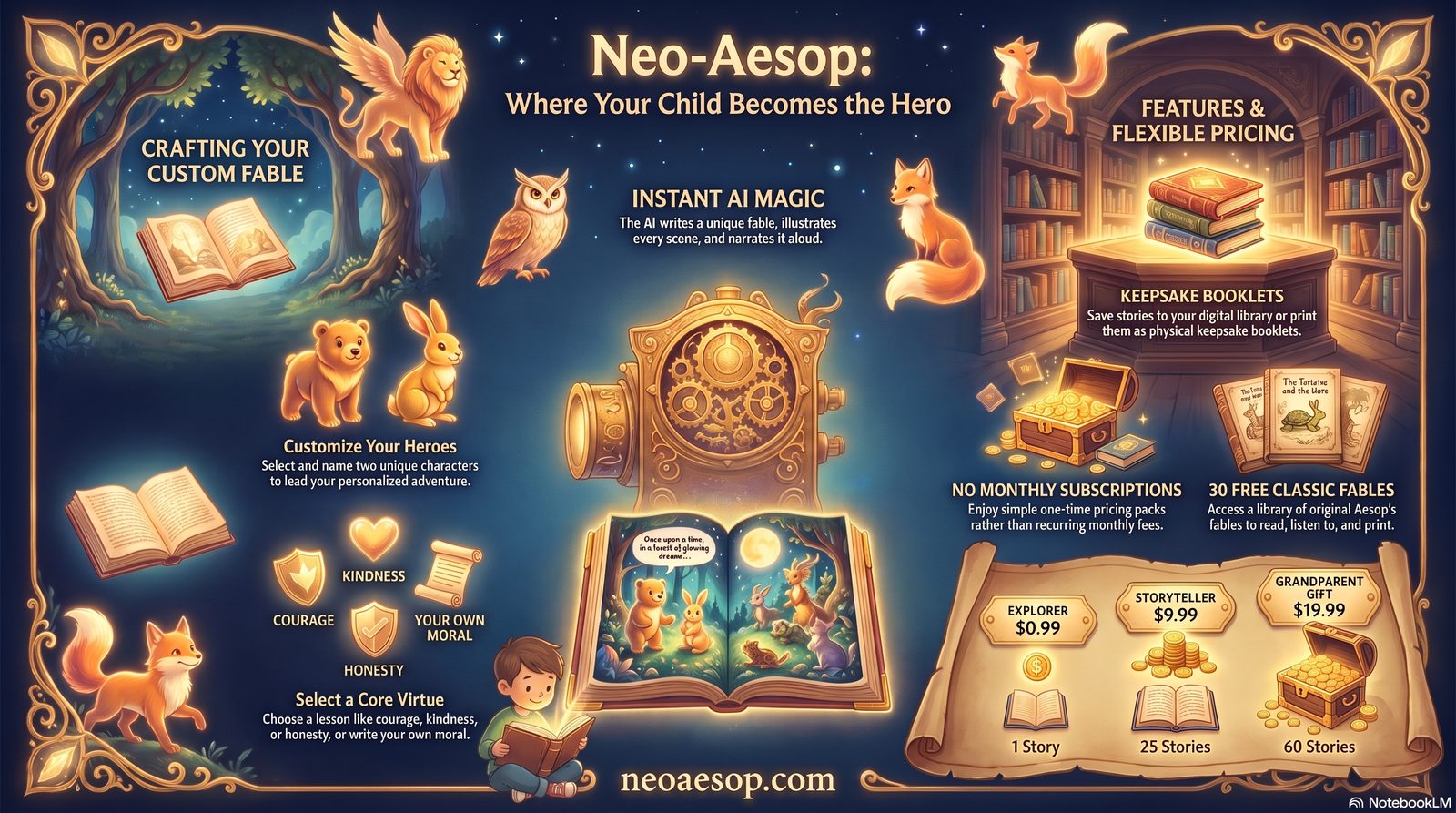 Neo-Aesop features and pricing infographic
